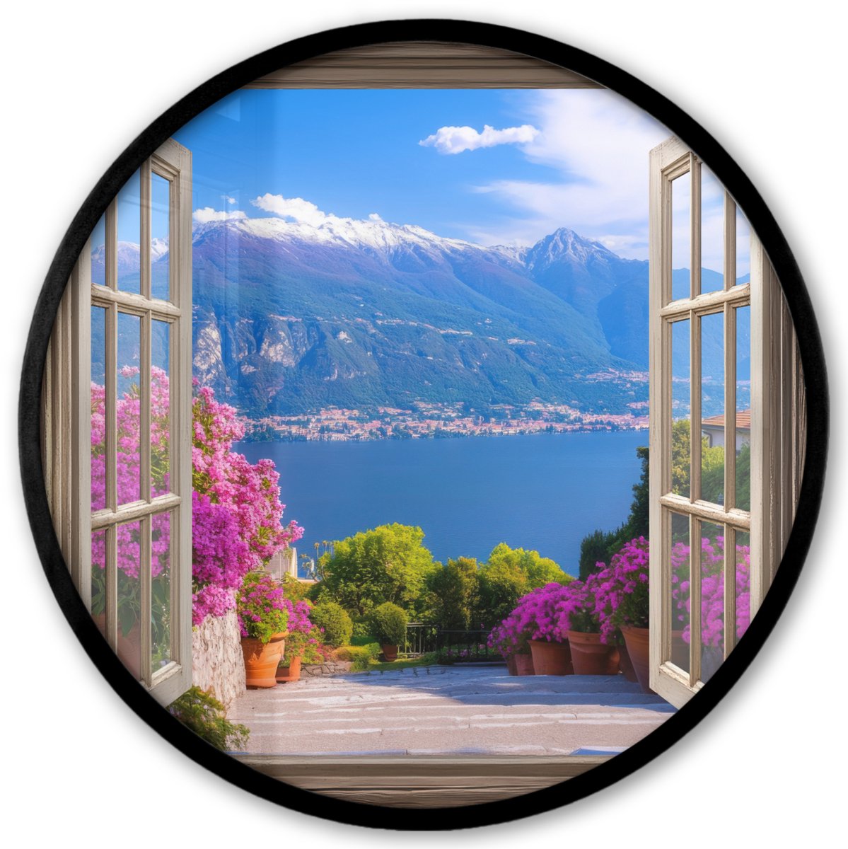 FrameYourWall Poster in lijst Rond - Fotolijst 40x40 cm - Posters - Doorkijk - Berg - Landschap - Uitzicht - Meer - Ronde posterlijst zwart - Decoratie - Wanddecoratie woonkamer - Muurdecoratie slaapkamer