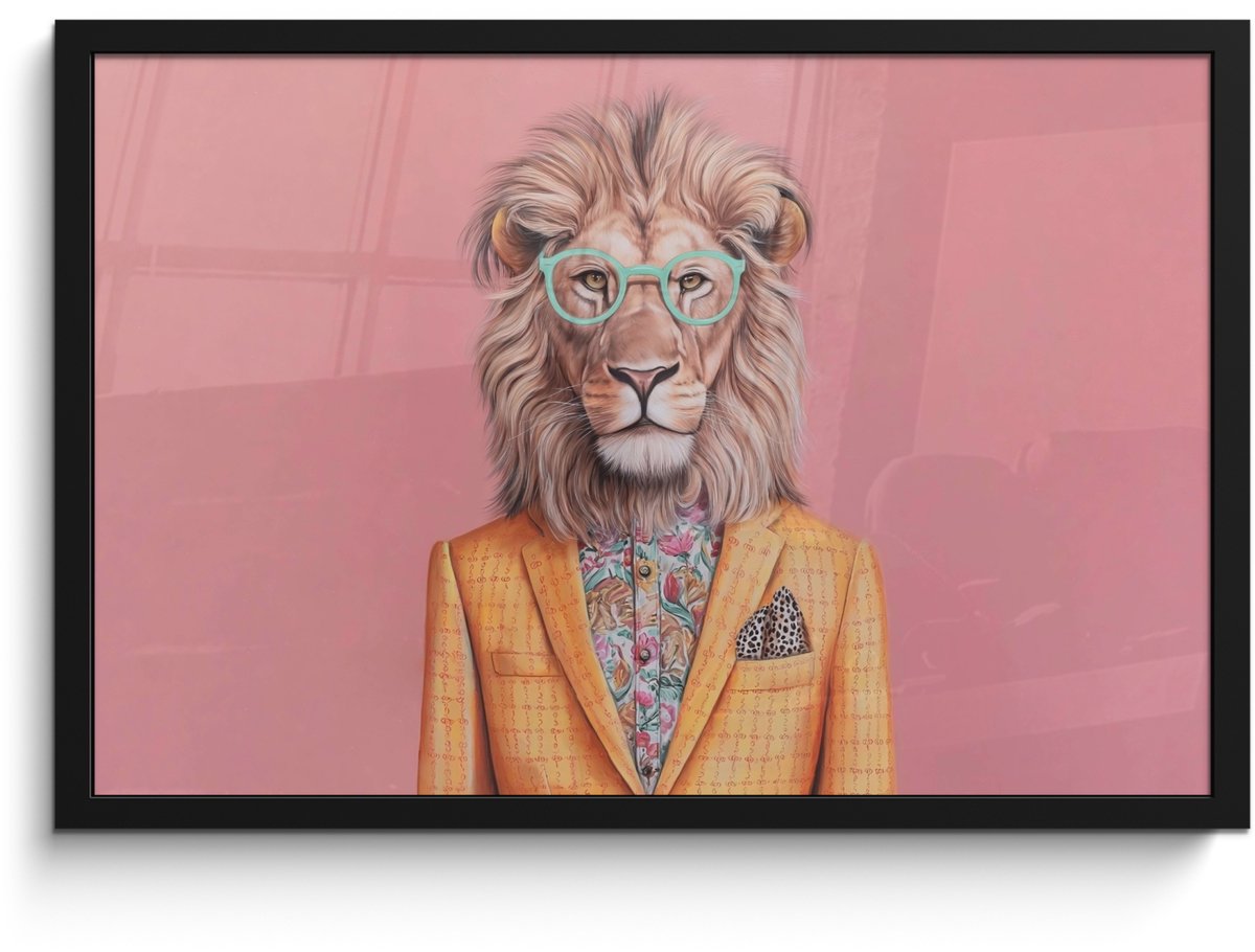 FrameYourWall Poster in lijst - Fotolijst 60x40 cm - Posters - Leeuw - Pak - Geruit - Bril - Posterlijst zwart - Decoratie - Wanddecoratie woonkamer - Muurdecoratie slaapkamer