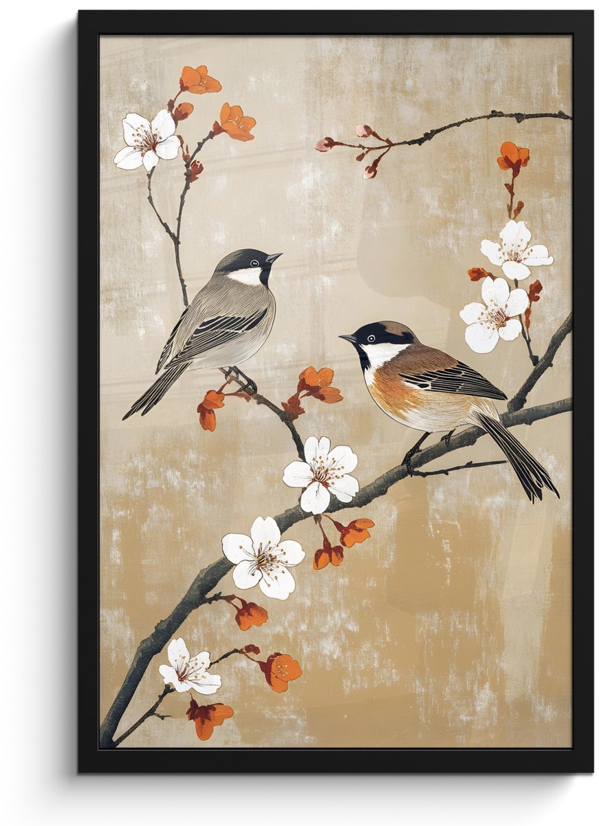 FrameYourWall Poster in lijst - Fotolijst 40x60 cm - Posters - Vogels - Bloesemtak - Bloemen - Oranje - Posterlijst zwart - Decoratie - Wanddecoratie woonkamer - Muurdecoratie slaapkamer