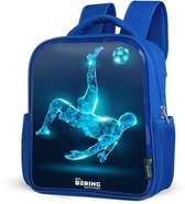 NoBoringSuitcases.com® - Rugzak blauw - Schooltas jongens - Omhaal in blauw neonvoetbal - Kinder rugtas jongen - Boekentas kind - Kinderrugzak voor school - Schoolrugzak - Sinterklaas cadeau - Cadeautjes voor kinderen - Kind schoencadeautjes