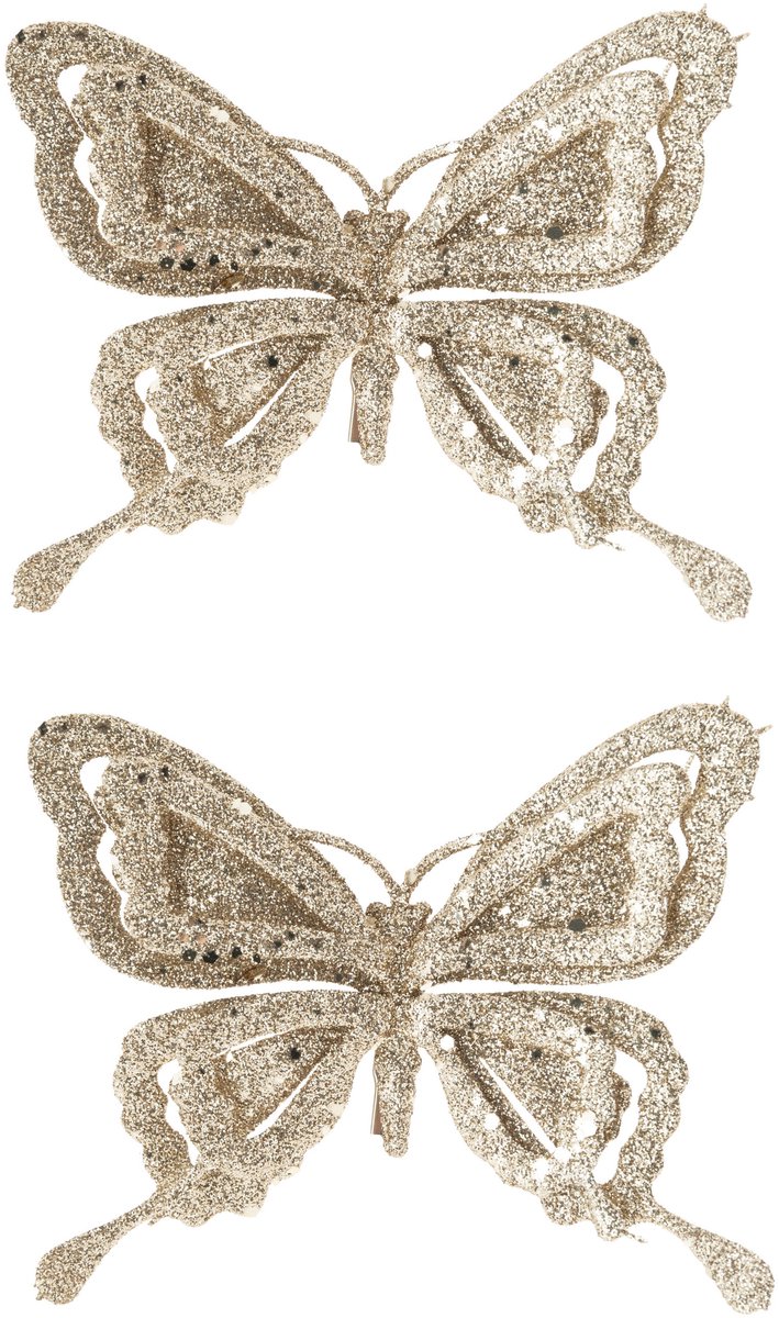 Cosy @ Home Kerstboomversiering Vlinder - 4x - 14 cm - champagne glitter - op clip - ornament