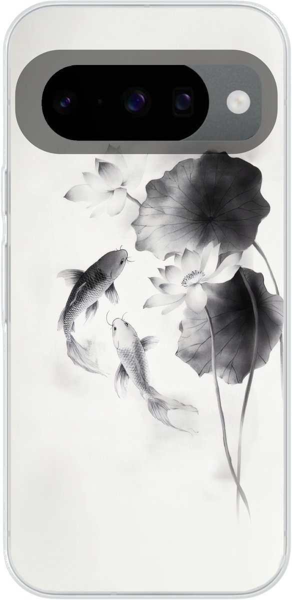 Telefoonhoesje Geschikt voor Google Pixel 10 Pro hoesje - Lotusbloemen - Vissen - Bladeren - Zwart - Siliconen Telefoonhoesje Telefoonhoesje