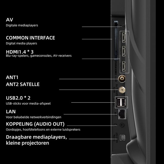 Achterkant van een tv met diverse aansluitingen: AV, COMMON INTERFACE, HDMI 1.4 * 3, ANT1 ANT2 SATELLITE, USB 2.0 * 2, LAN en KOPPELING (AUDIO OUT).
