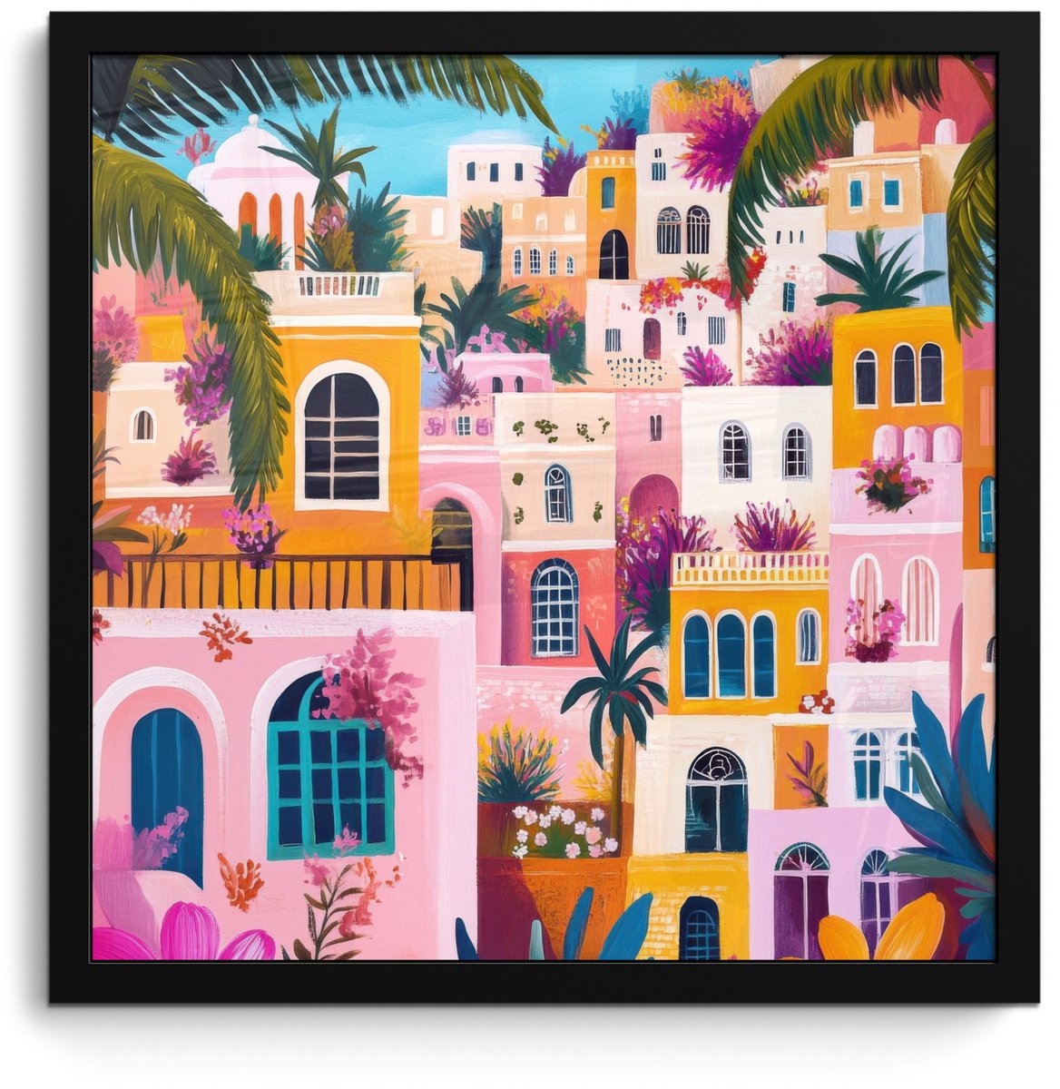 FrameYourWall Poster in lijst - Fotolijst 40x40 cm - Posters - Kleurrijk - Roze - Oranje - Geel - Bloemen - Posterlijst zwart - Decoratie - Wanddecoratie woonkamer - Muurdecoratie slaapkamer Stad - Kleurrijk