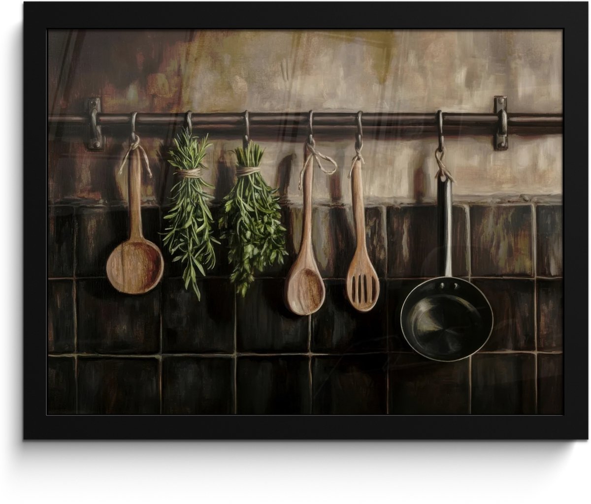 FrameYourWall Poster in lijst - Fotolijst 40x30 cm - Posters - Keukengerei - Rustiek - Tegels - Kruiden - Posterlijst zwart - Decoratie - Wanddecoratie woonkamer - Muurdecoratie slaapkamer Keukengerei - Stilleven