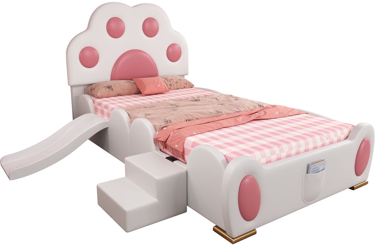 Merax Kinderbed - 90x200 cm - Eenpersoons Bed met Kattenpoot Hoofdbord - Glijbaan en Ladder - PU Leer - Wit Roze