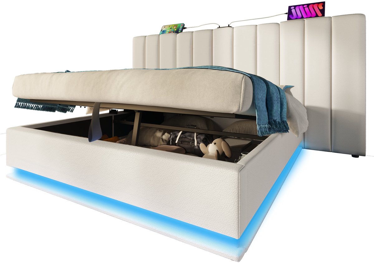 Merax Tweepersoonsbed - 180x200 cm - Gestoffeerd Bed met Opbergruimte - LED Verlichting App Control - USB-C Oplaadfunctie - Inclusief Matras - Wit PU Leer