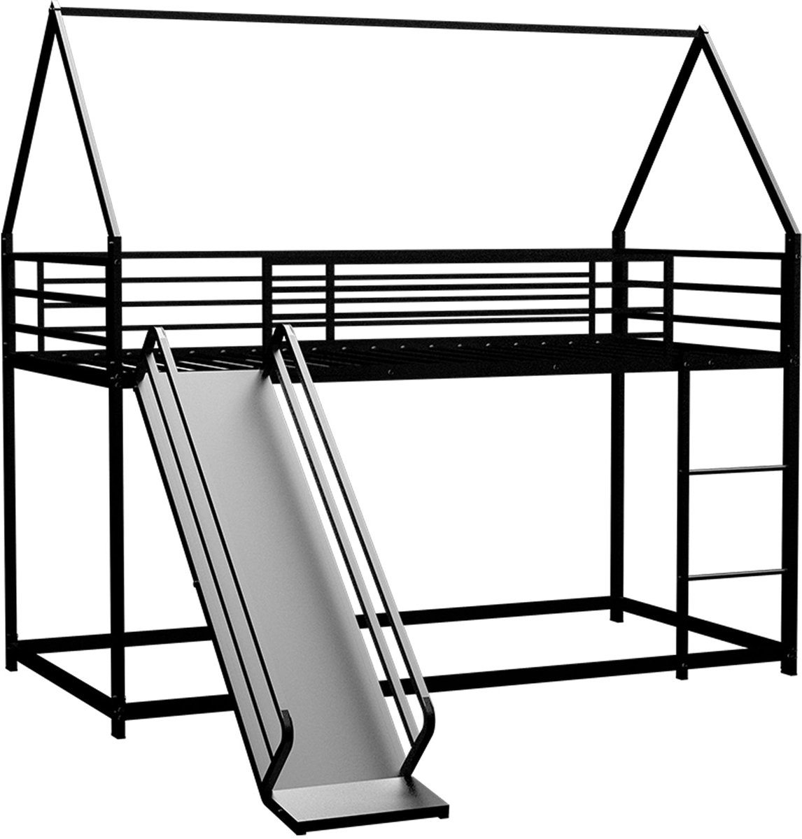 Merax Hoogslaper met Glijbaan – Huisbed 90x200 – Zwart Metalen Bed met Ladder en Uitvalbeveiliging