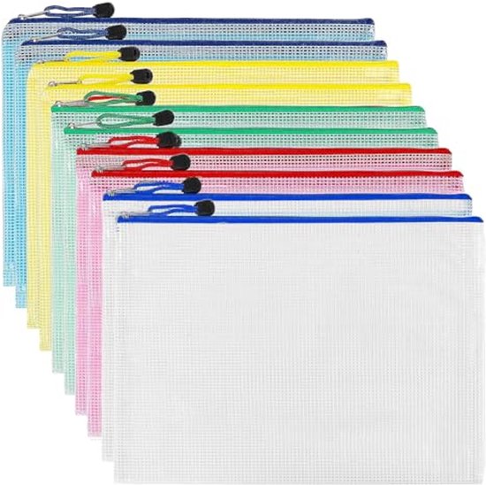 Documentenvakken, A4, A5, A6, documententas met ritssluiting, transparante waterdichte ritszak, mesh-kunststof vak met ritssluiting voor documenten, cosmetica, reisaccessoires, 15 stuks