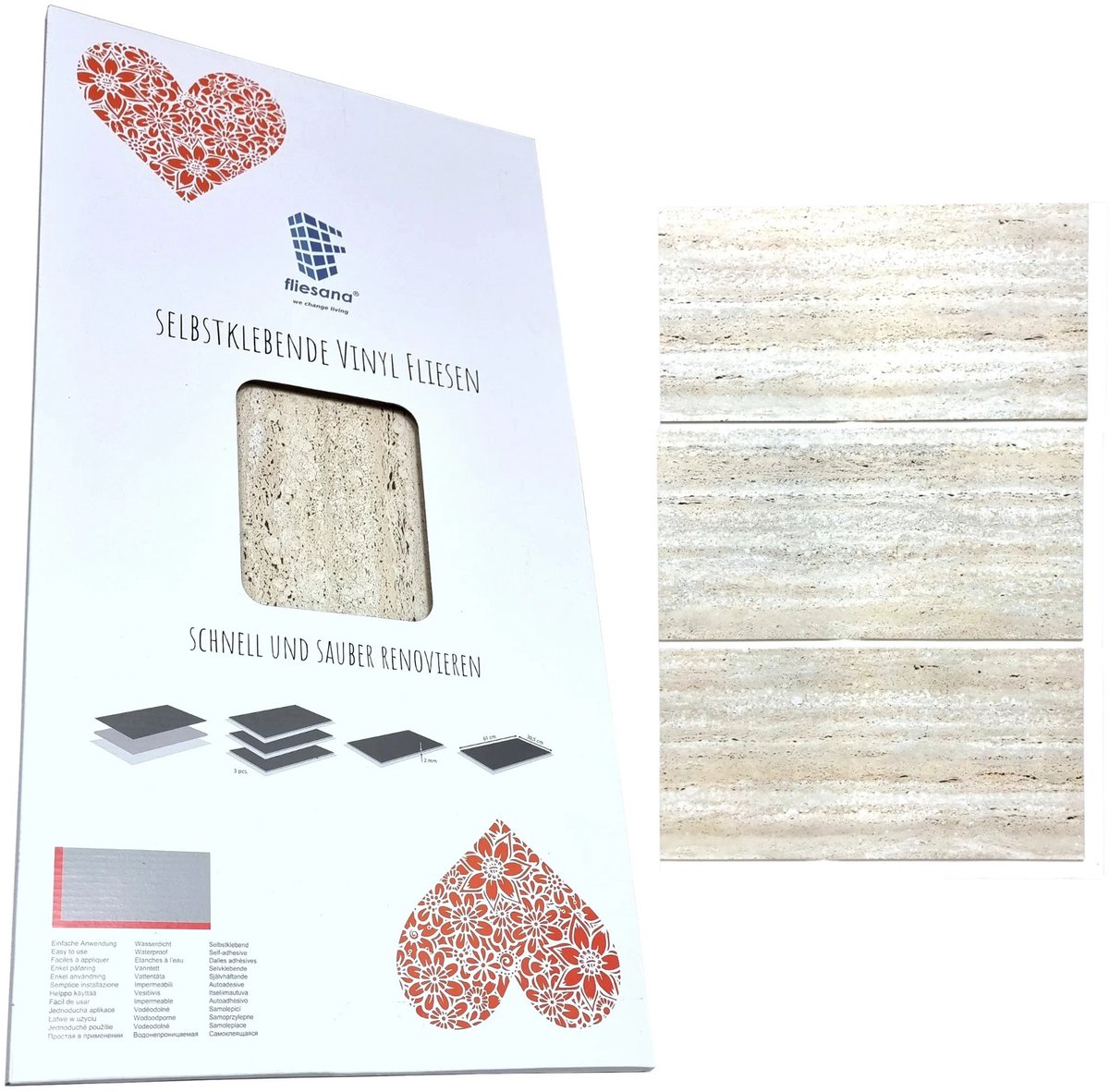 Fliesana - Zelfklevende wand- en vloertegels - set van 3 - waterbestendig - Ontwerp: natuursteen