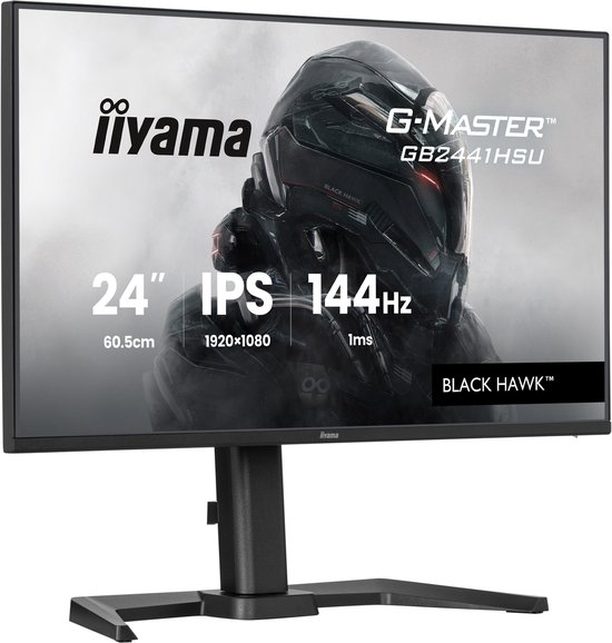 Een 24-inch IPS G-MASTER GB2441HSU monitor met 144Hz, 1920x1080 resolutie en 1ms responstijd. Gedetailleerde graphics.