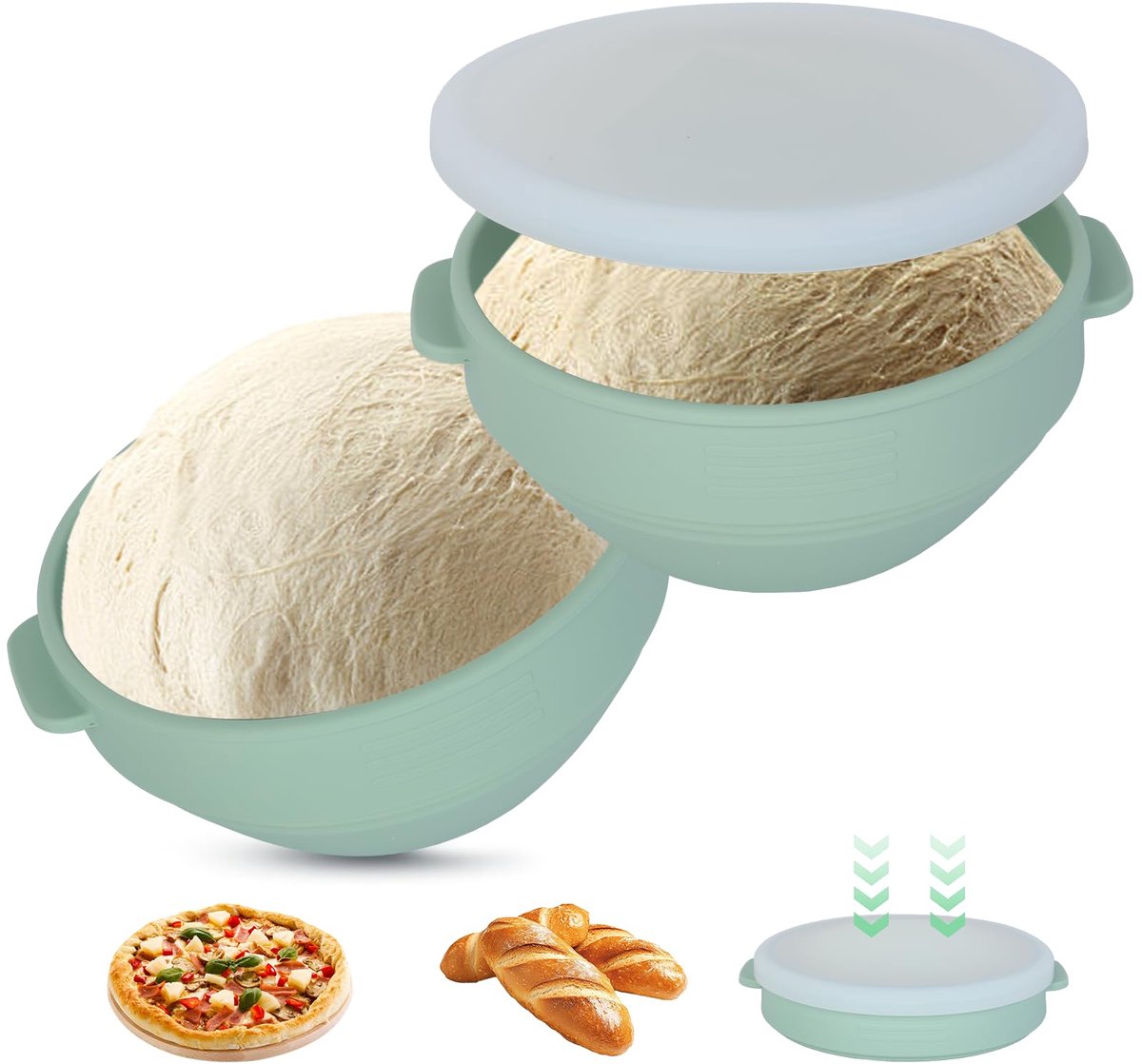 Azomor® Handige set van 2 opvouwbare dozen voor pizzadeeg met deksel en schaalverdeling