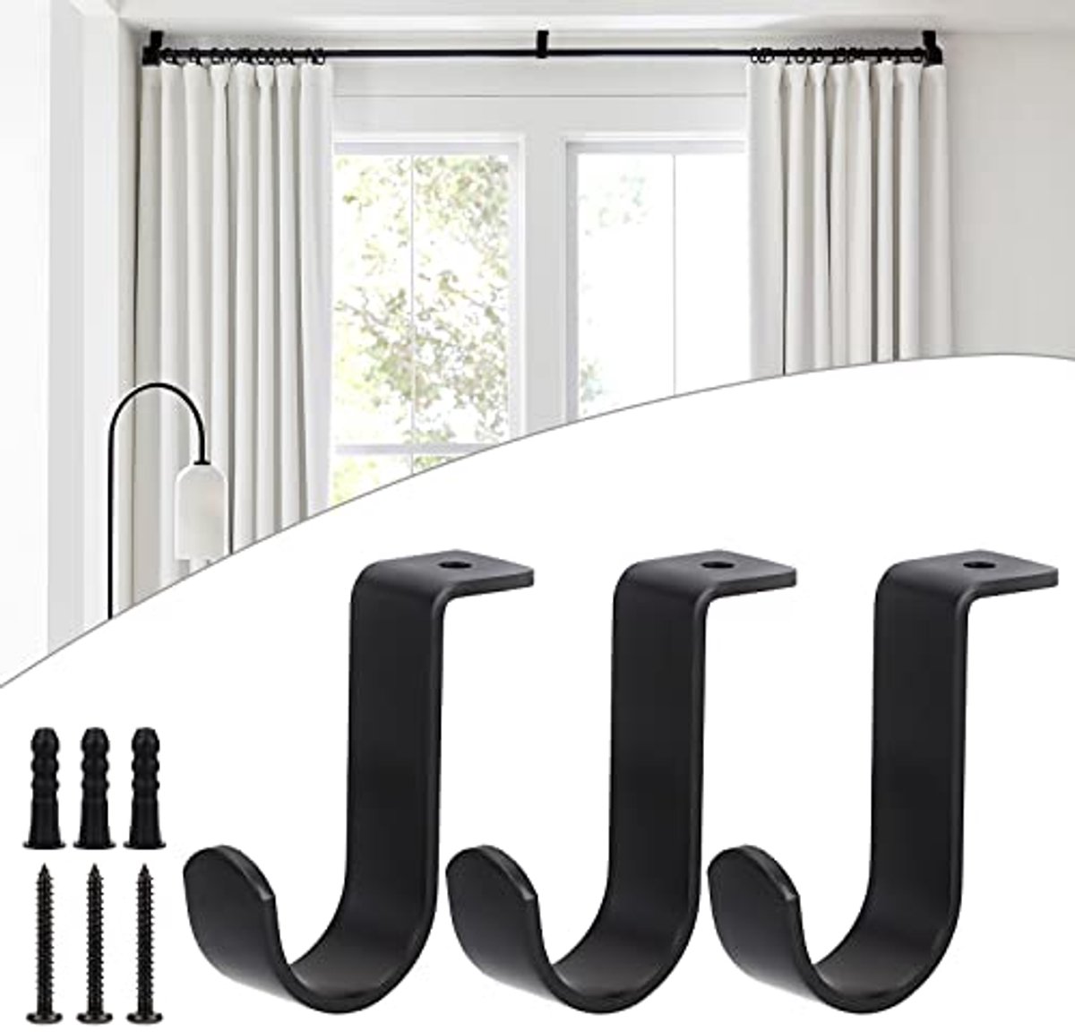 Metalen Plafond Gemonteerde Gordijnroede Beugels voor 25 mm Stang - Set van 3 Zwart