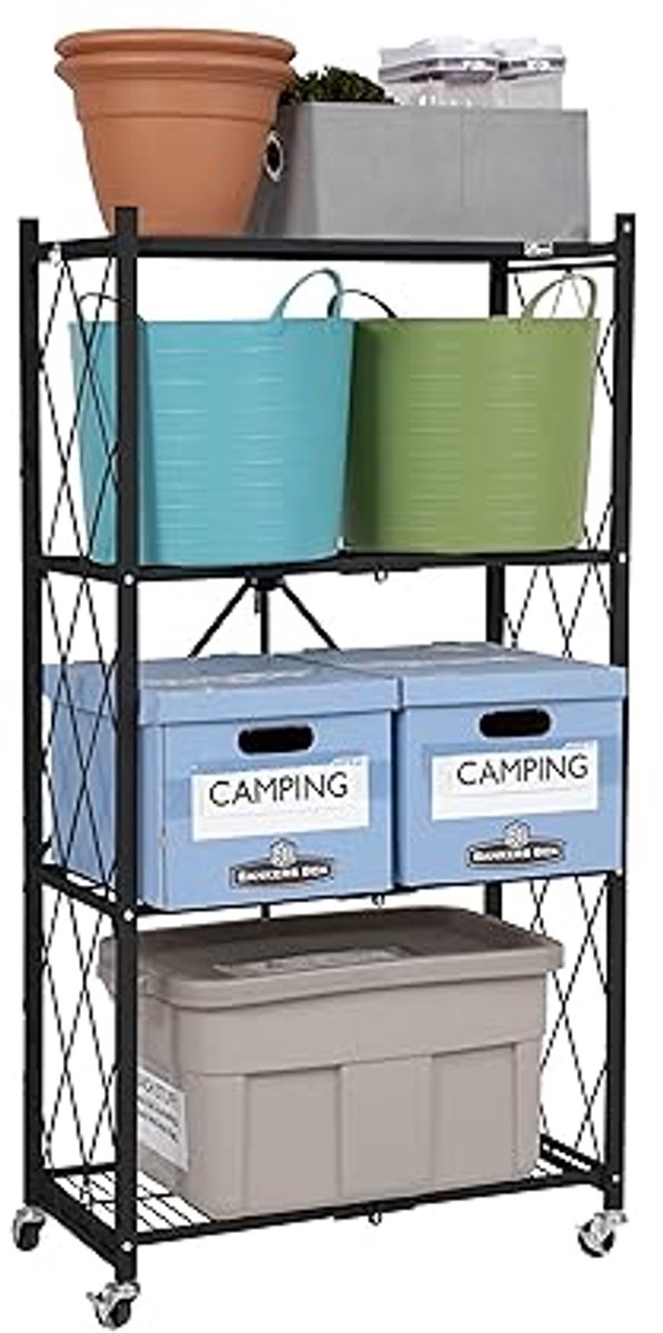 4-Tier Opvouwbaar Plank met Wielen - Heavy Duty Garage Rekken voor Efficiënte Opslag