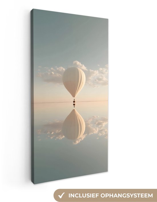 Canvas schilderij 80x160 cm - Wanddecoratie Luchtballon - Wolken - Water - Blauw - Muurdecoratie woonkamer - Slaapkamer decoratie - Kamer accessoires - Schilderijen op canvas