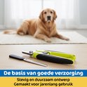Een gouden retriever ligt op de achtergrond. Een vijl en een gele nagelknipper liggen op een houten tafel. Tekst: De basis van goede verzorging, stevig en duurzaam ontwerp.