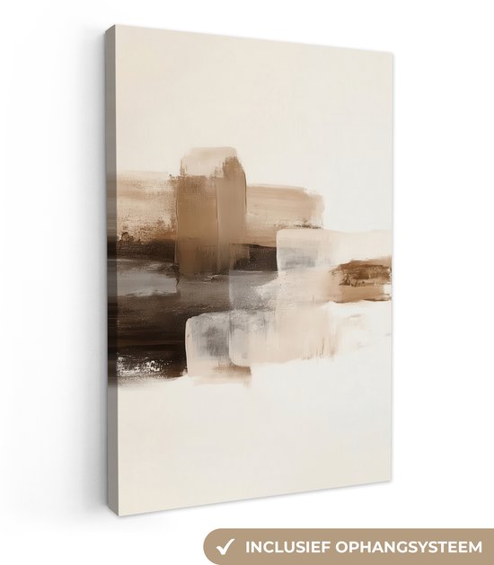 Peinture abstraite avec des coups de pinceau marron et crème. Système de suspension inclus.