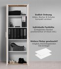 Open bruine kast met houten textuur. Toont 5 planken met mappen, opbergmanden, en schoenen.