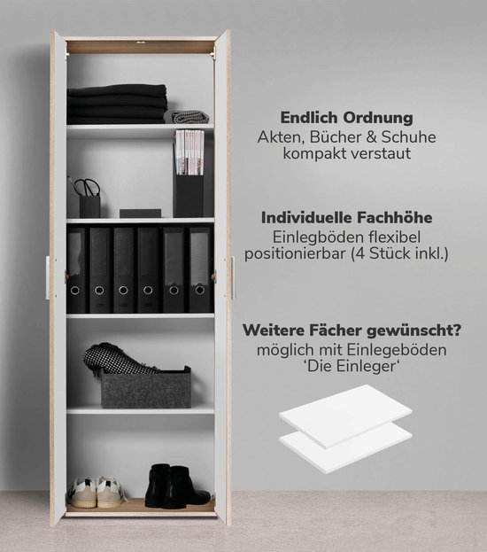 Open bruine kast met houten textuur. Toont 5 planken met mappen, opbergmanden, en schoenen.