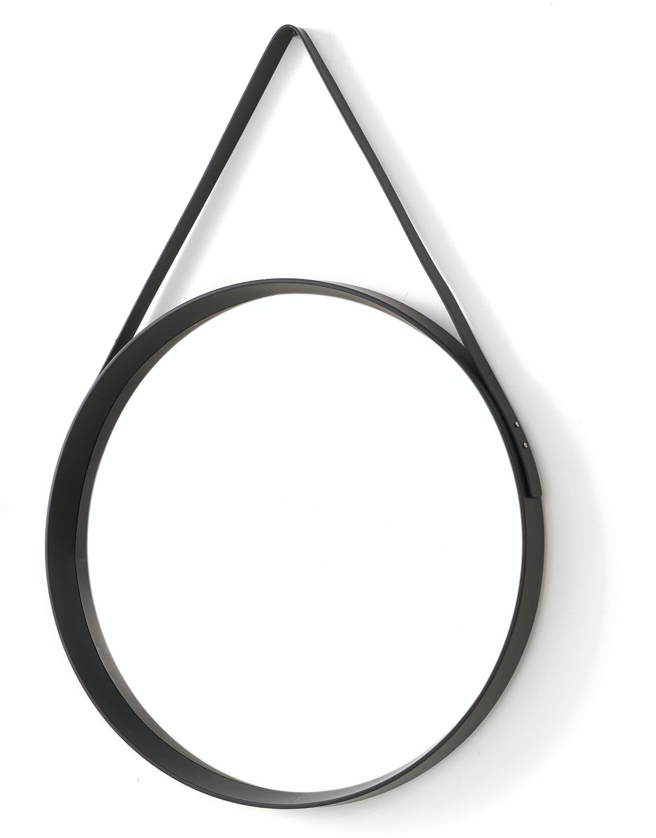 Giftdecor Spiegel Berlijn - zwart - D52 cm - rond - ophangband - wandspiegel