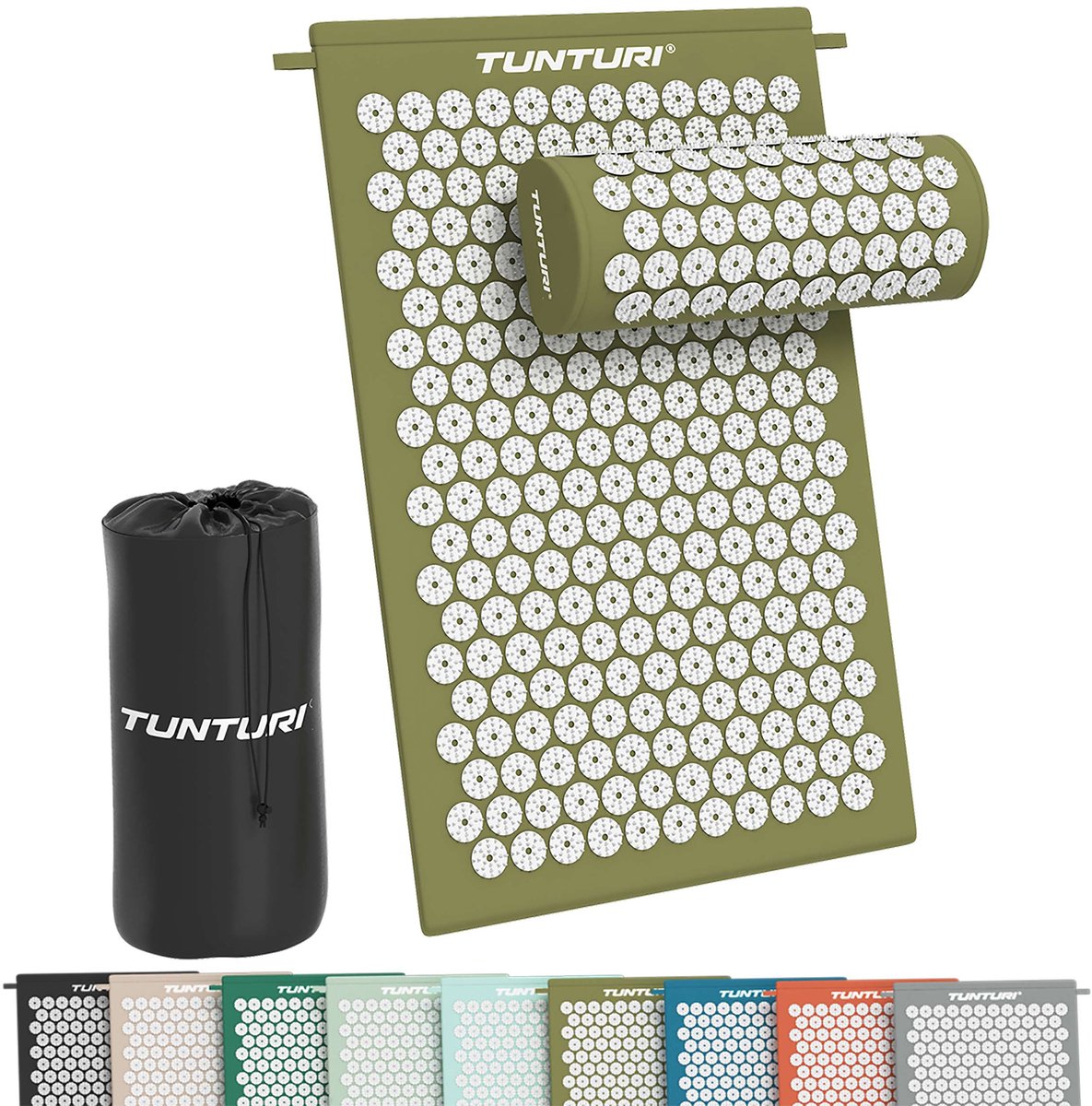 Tunturi Spijkermat met kussen - Acupressuur - Meditatie Mat - Acupunctuur Set - Massage en Ontspanning - 68x42x2 cm - Legergroen