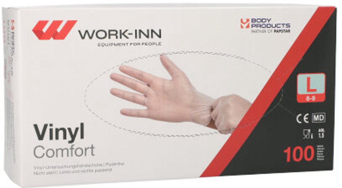 100 WORK-INN/PS Handschoenen Vinyl poedervrij Comfort transparant Maat: L