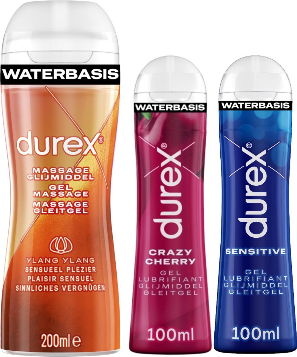 Durex - 3 Glijmiddelen - Voor Een Sensuele Aanraking - Waterbasis - Crazy Cherry 100ml- Massage Ylang Ylang 2 in 1 200ml - Sensitive 100ml
