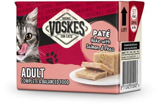 Voskes Kattenvoer Nat Paté Adult Heek met Zalm & Erwtjes - 24 x 85 gr - Voordeelverpakking
