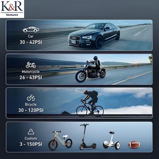 K&R Elektrische Fietspomp - Luchtcompressor - Bandenpomp - Ballenpomp - Voor Fiets, Scooter & Auto - met LED verlichting en digitale display - compact - usb oplaadbaar van Merkloos — afbeelding 3
