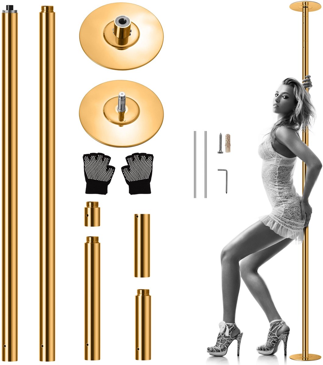 Danspaal – Pole Dance Paal – Standaard Danspaal – Fitnesspaal – Draaibare Paal – Verstelbare Hoogte 203-274 cm – Gouden Roestvrij Staal