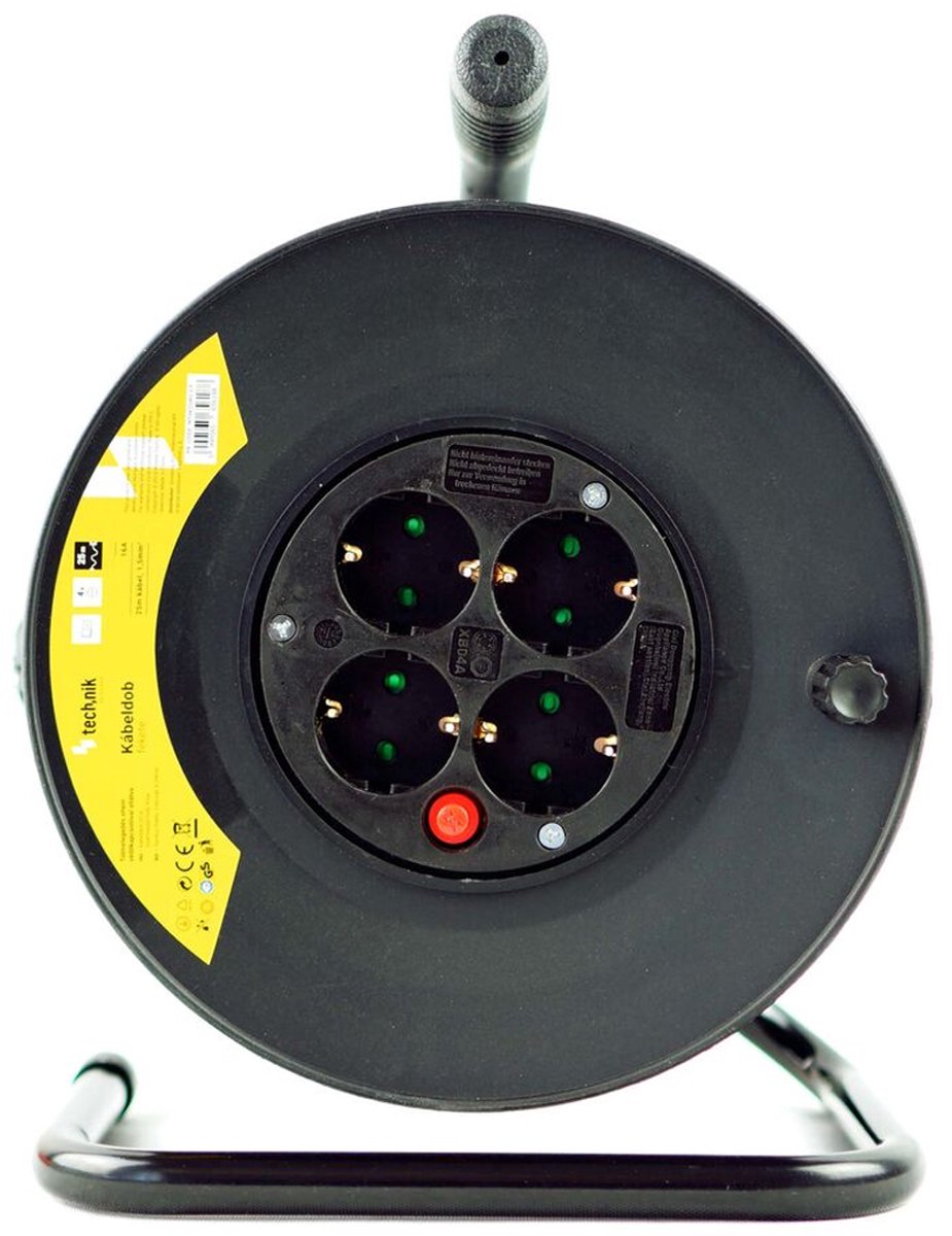 Technik Kabelhaspel 25m - 4-voudig met randaarde - 3x1.5mm2 - zwart