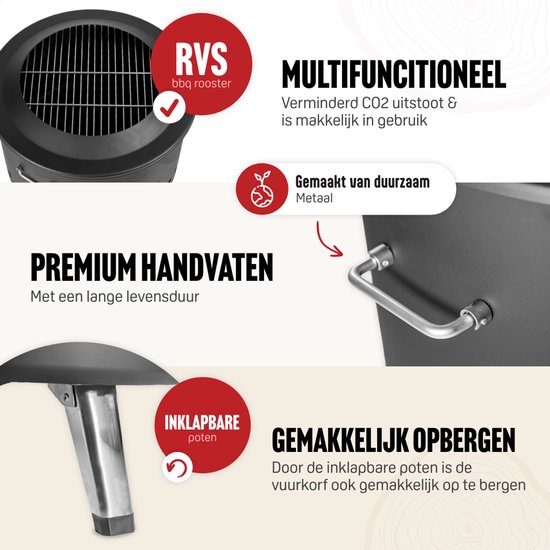 Zwarte Livin' vuurkorf met RVS grillrooster, premium handvatten en inklapbare poten.