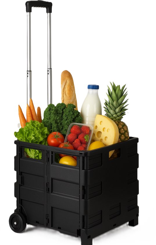 Boodschappentrolley - Boodschappenkar - XL - met Kleppen - Trolley op Wielen - 50 Liter - Inklapbare Boodschappenkrat - IN-HOMEXL - Arezzo - Zwart