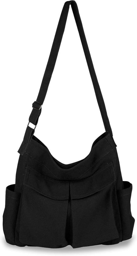 Sac bandoulière en Katoen et lin noir - Style rétro avec de multiples poches - Sac unisexe idéal pour le travail, École et les loisirs