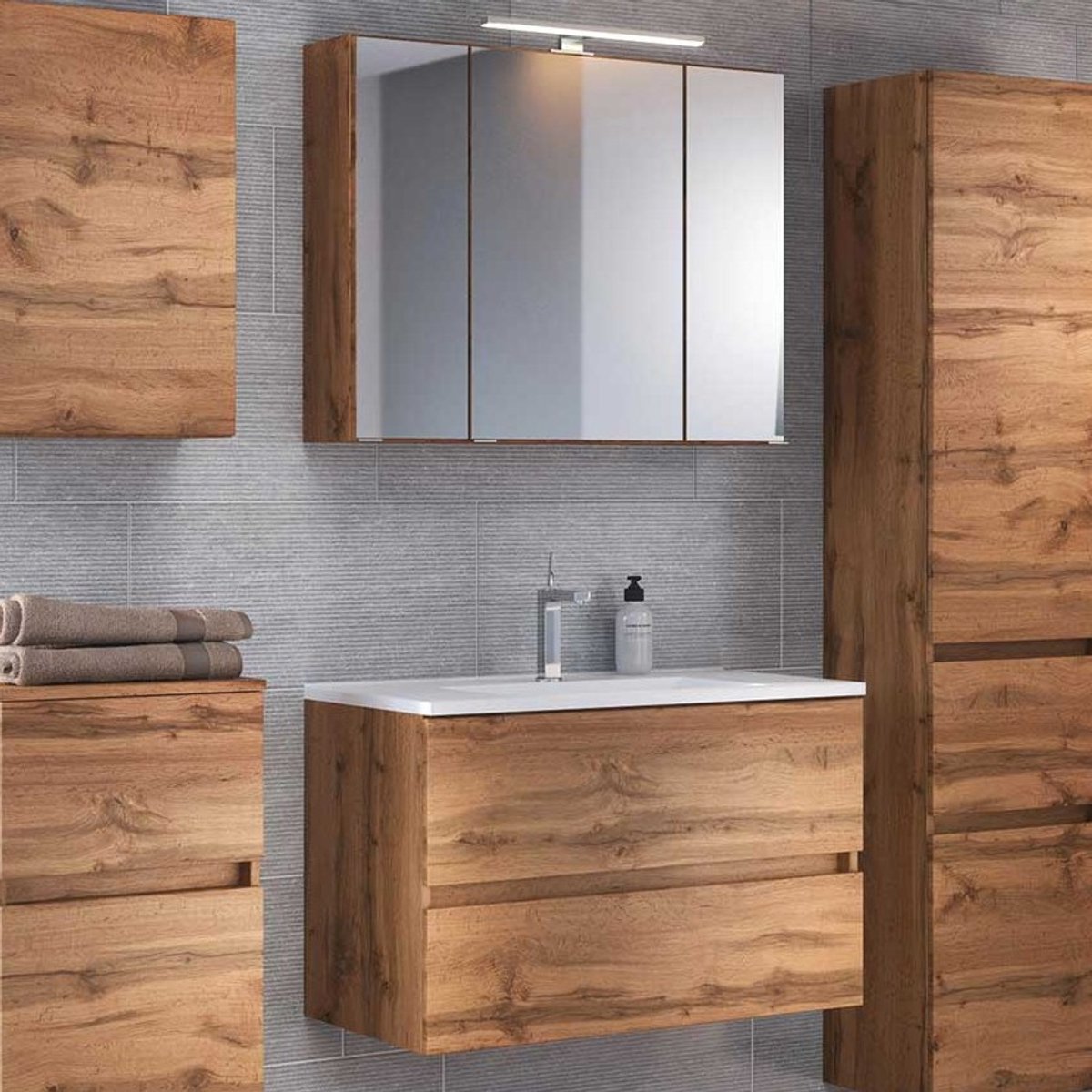 Wastafelmeubelset Brama 80cm - wotan eik - Held - Medicijnkastjes - Bruin - MDF; Spaanplaat - Medicijnkastjes -
