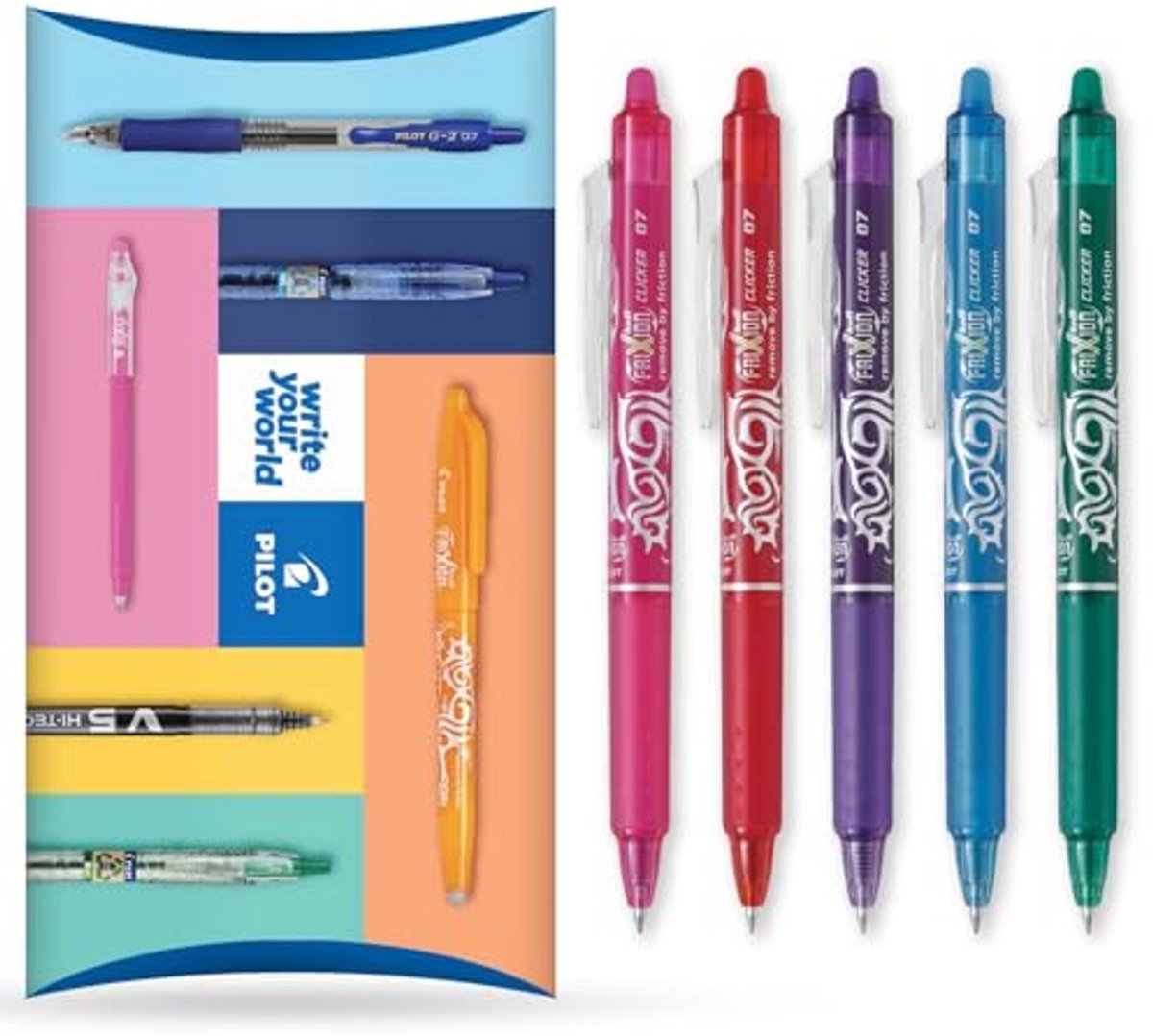 fijne uitwisbare rollerball pen - 0,7 mm intrekbare tip - tropische kleuren pack van 5 - roze, rood, violet, lichtblauw, groen