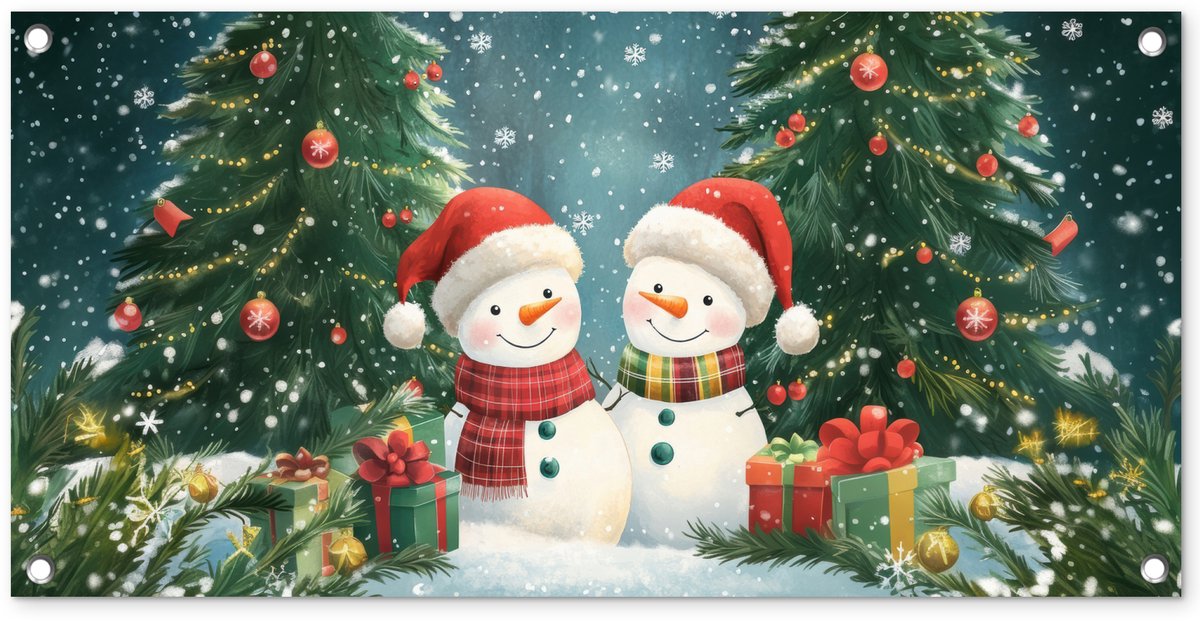 Tuinposter 80x40 cm - Tuindecoratie Sneeuwpop - Kerstsneeuw - Groen - Rood - Poster voor in de tuin - Buiten decoratie - Schutting tuinschilderij - Tuindoek muurdecoratie - Wanddecoratie balkondoek