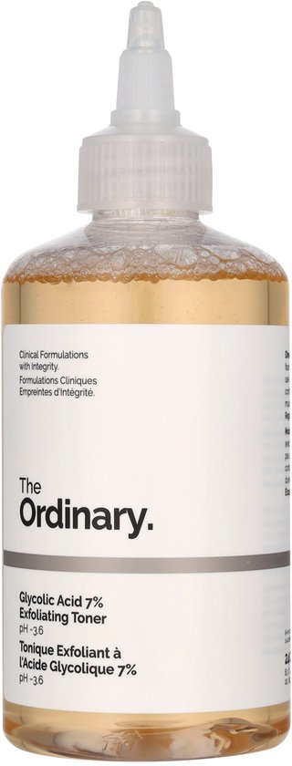 The Ordinary Glycolic Acid 7% Exfoliating Toner in een doorzichtige fles met witte dop en lichtgele vloeistof.