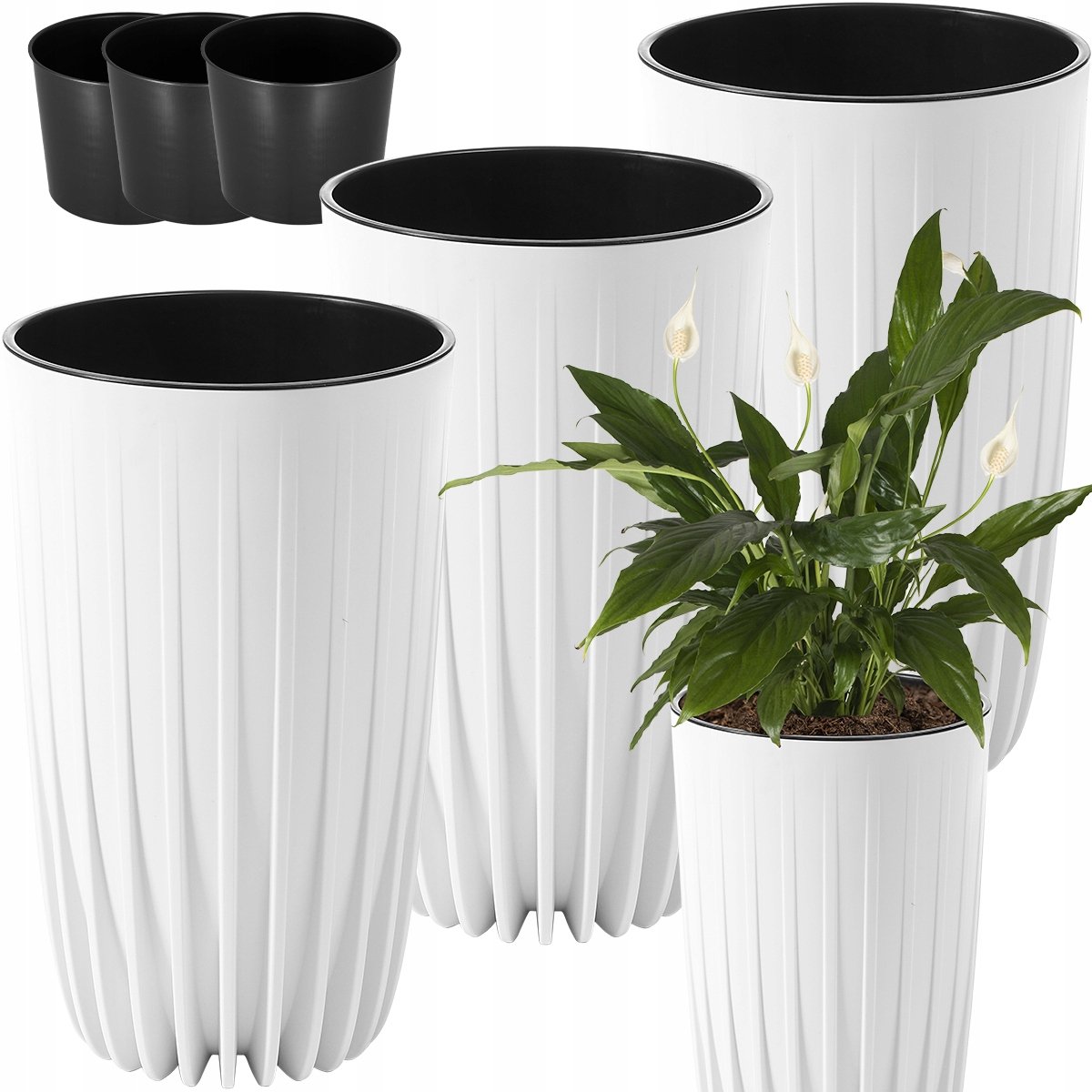 Set van 3 Hoge Slim Bloempotten met Inzetstuk - Wit 42cm