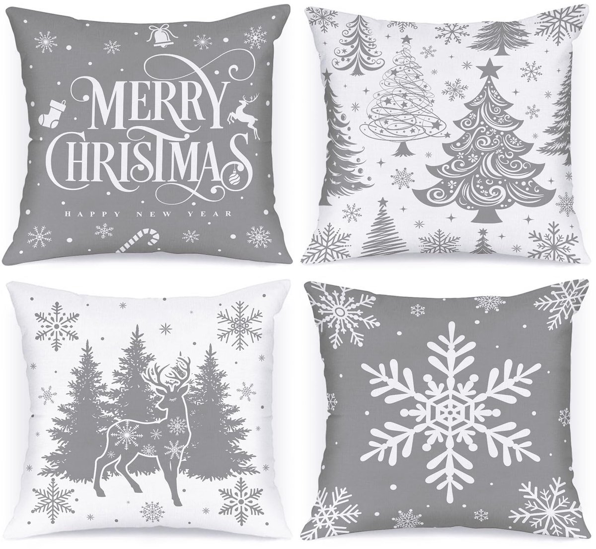 Unyqoos Set van 4 decoratieve kussenslopen met kerstboomontwerp voor feestelijke sfeer grijs