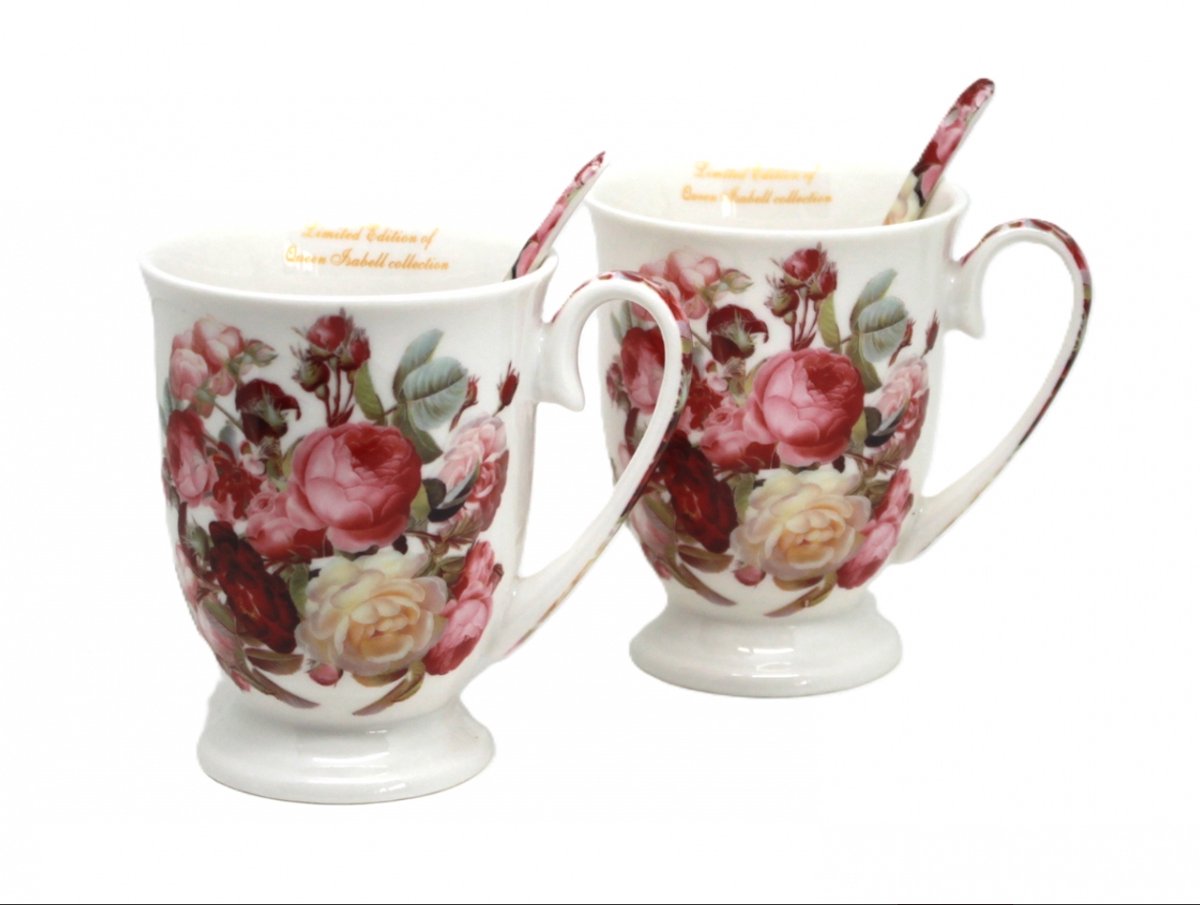 Set van 2 Porseleinen Mokken met Lepel en Bloemendecor, Cadeauverpakking