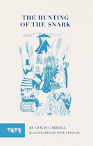 De illustratie toont de personages uit 'The Hunting of the Snark' in blauw op een crème achtergrond. Twee bekende figuren zijn de man met de hoed en vork, en de visachtige man met gestreepte kleding.