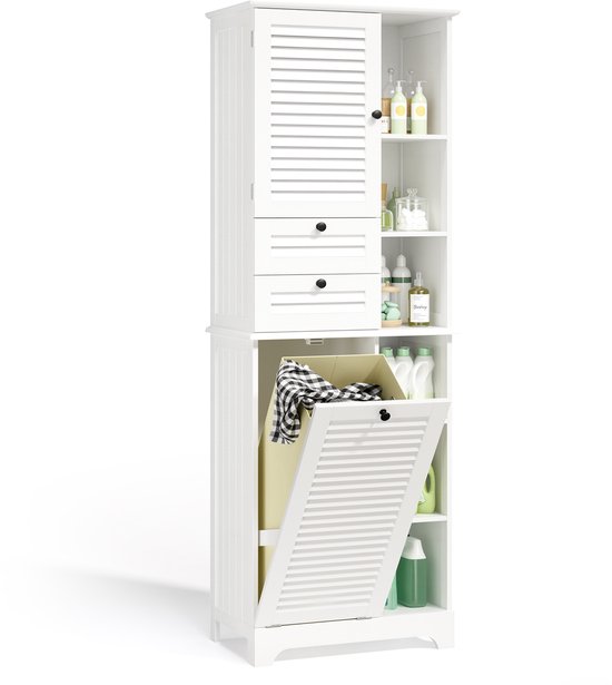 Meuble de salle de bain Xbro avec porte, 2 tiroirs, panier à linge et compartiments ouverts – Meuble de rangement haut avec Planches réglables – Meuble étroit pour salle de bain, chambre ou buanderie – 170 x 60 x 37 cm – Wit