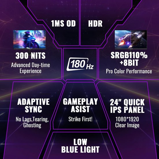 24 inch Gaming Monitor met 180Hz, 1ms Reactietijd, FreeSync en FHD 1080P van Merkloos — afbeelding 2