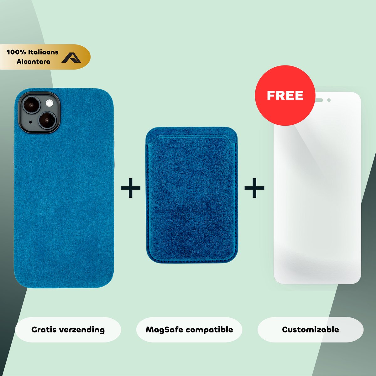 iPhone 14 Plus – Alcantara Case + MagSafe Wallet + Gratis Screenprotector | Sapphire Blue