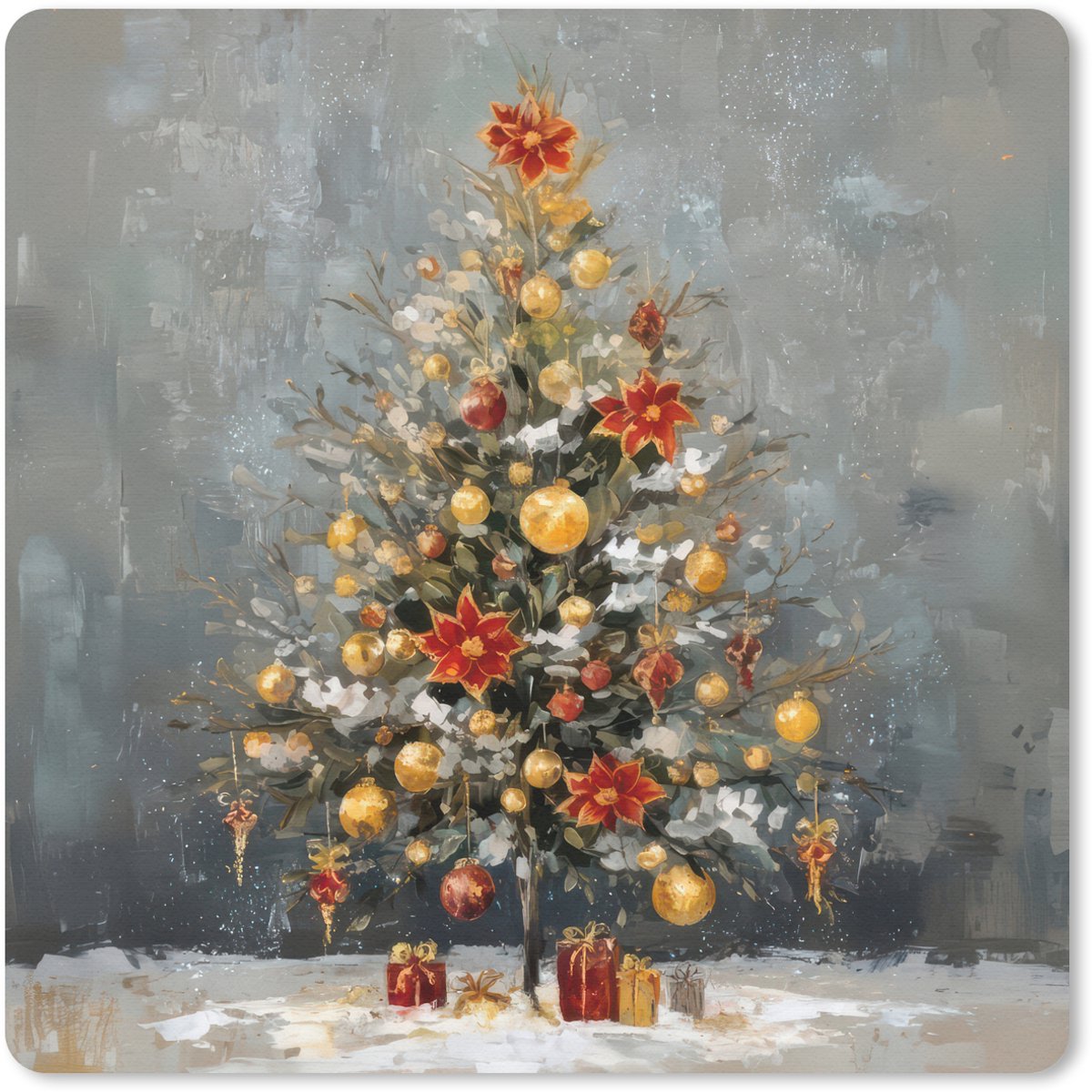 Muismat 30x30 cm - Mousepad Kerstboom - Cadeaus - Rood - Goud - Muismatten