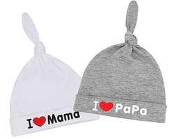 Pasgeboren Babymutsen met Knoop voor 0-6 Maanden - I Love Mama & I Love Papa - Unisex Katoenen Mutsen - Set van 2 - Grijs