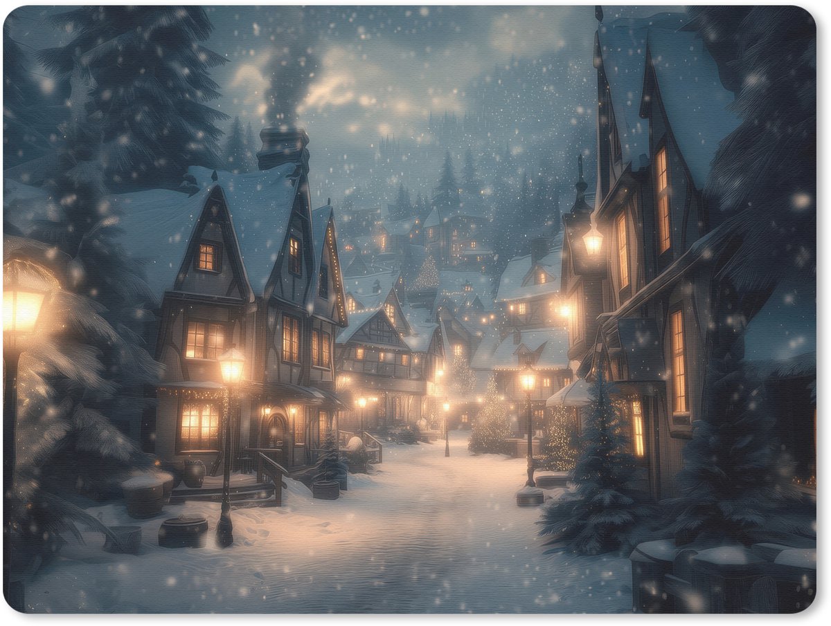 Muismat 23x19 cm - Mousepad Winterdorp - Sneeuw - Donker - Muismatten