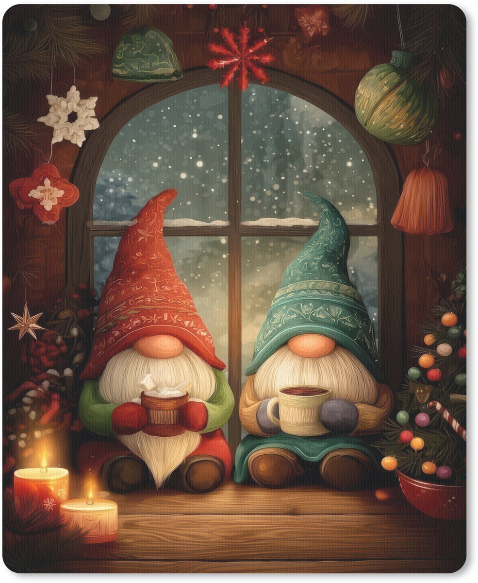 Muismat 19x23 cm - Mousepad Gnooms - Kerst - Raam - Kleurrijk - Muismatten