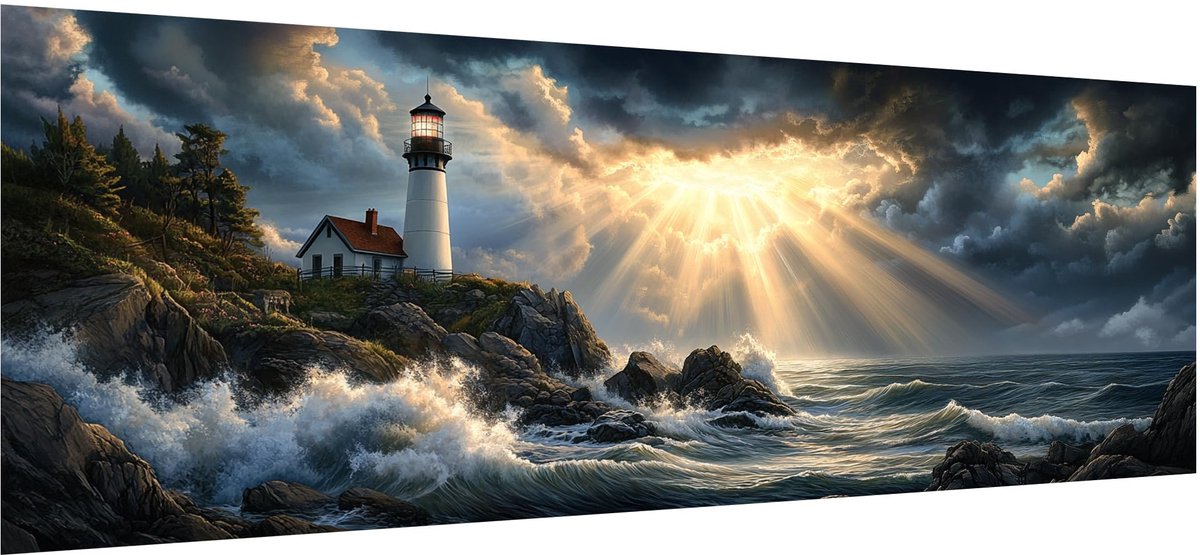 Unyqoos Grote 5D DIY Diamond Painting Vuurtoren Zonsondergang voor Wanddecoratie Meerkleurig